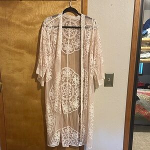 Sheer Lace Embroidered Kimono Cover-Up in Blush